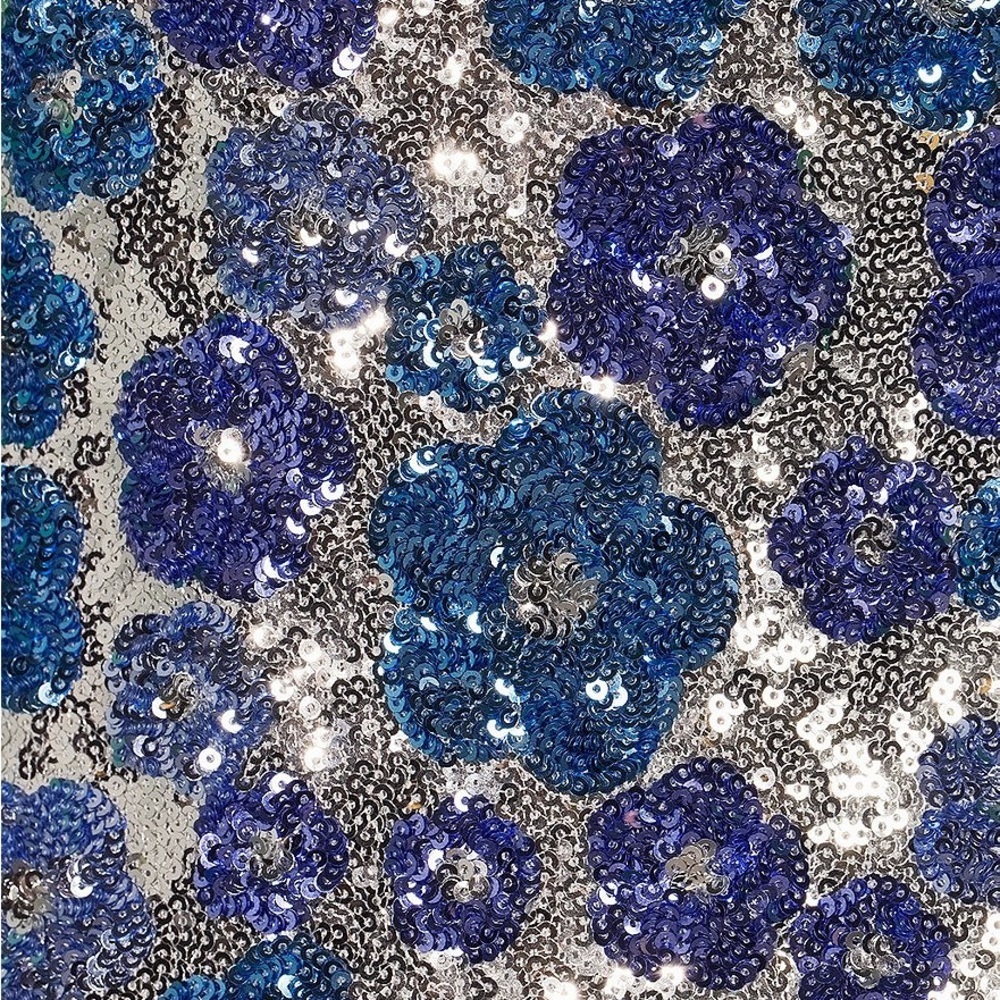 Silver Sequin Blue Floral Side Slit Formal Evening Dress size 7/8 - Picture 4 of 6